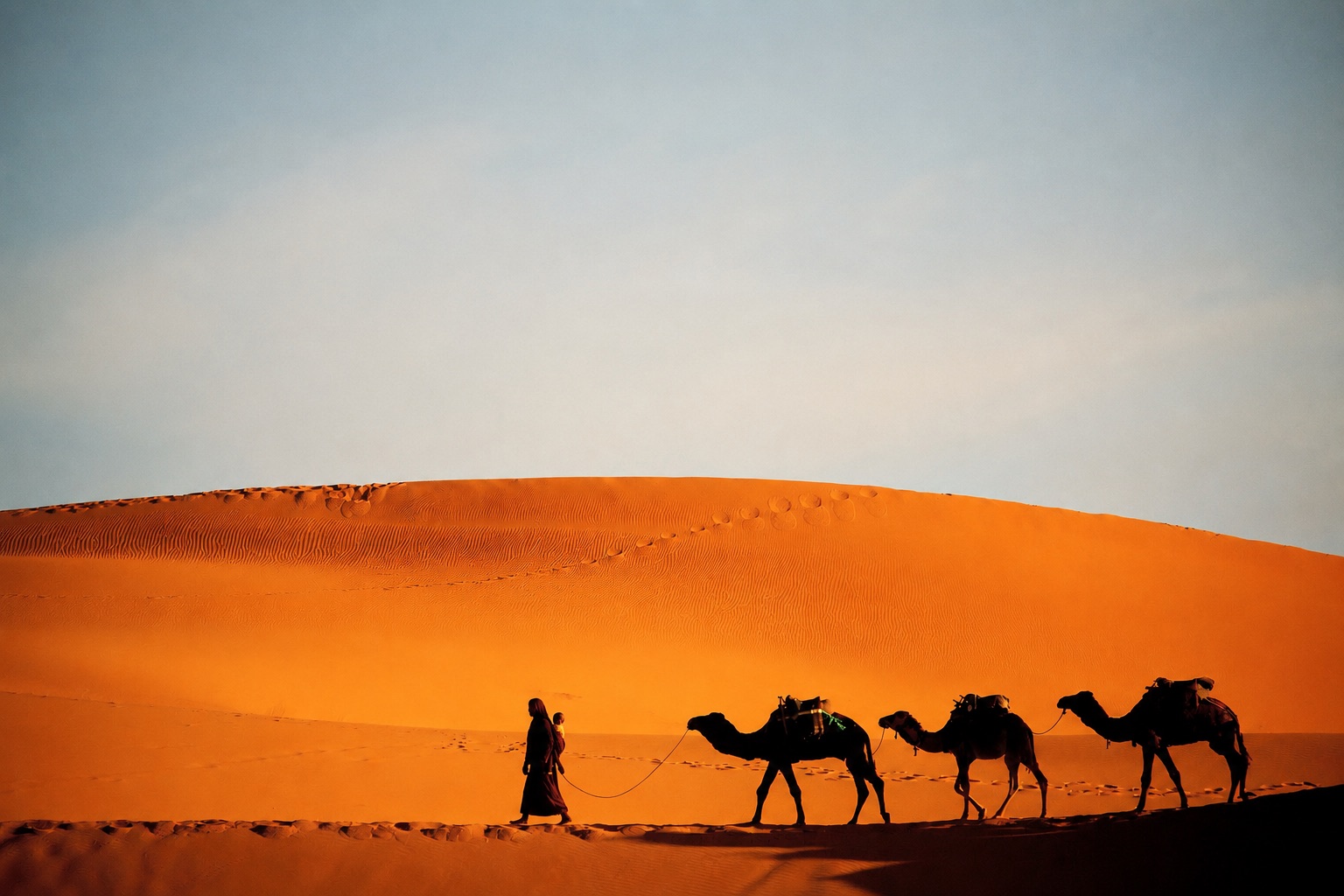 A caravan crossing the dunes at dusk